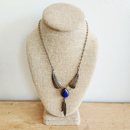Vintage Sterling Silver Feather & Lapis Lazuli Necklace - signed RB