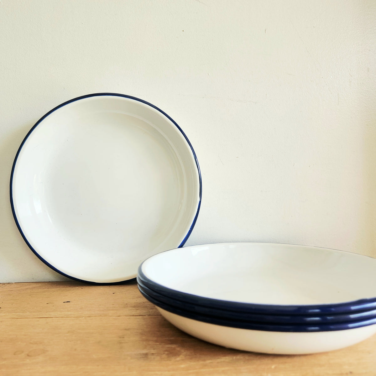 Vintage White and Blue Enamel Dinner Plates Set of 4