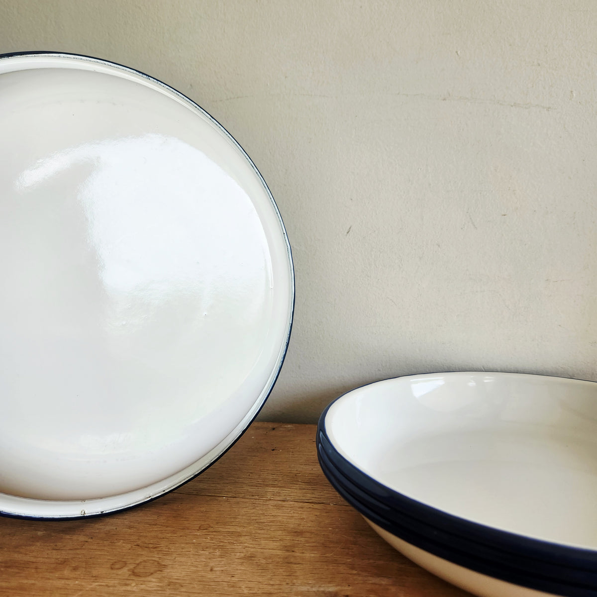 Vintage White and Blue Enamel Dinner Plates Set of 4