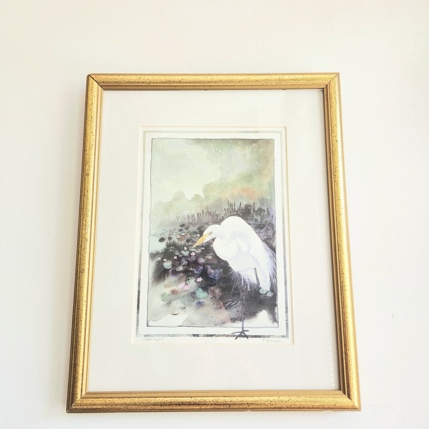 Polly French Signed "Great Egret" Print 13" x 16" Matted and Framed