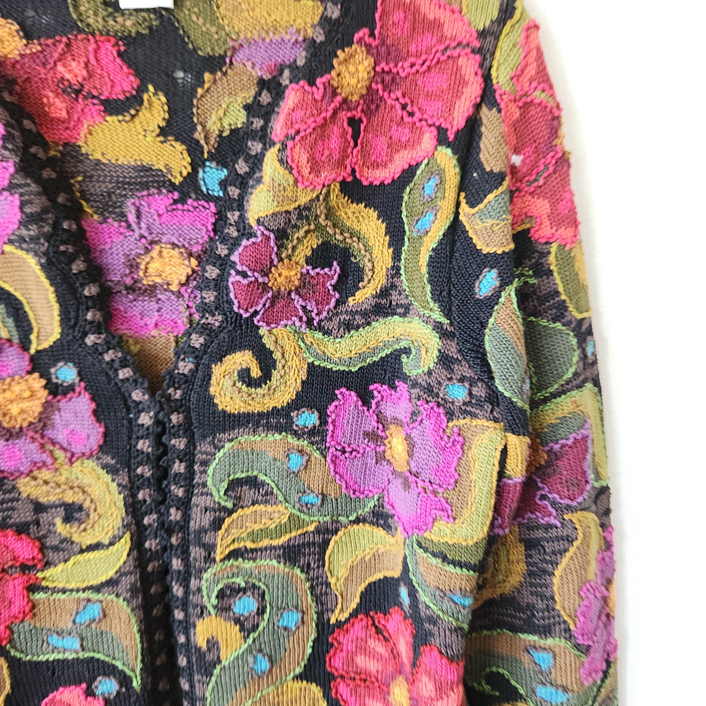 Peruvian Connection Pima Cotton Flowers Knit Cardigan - M