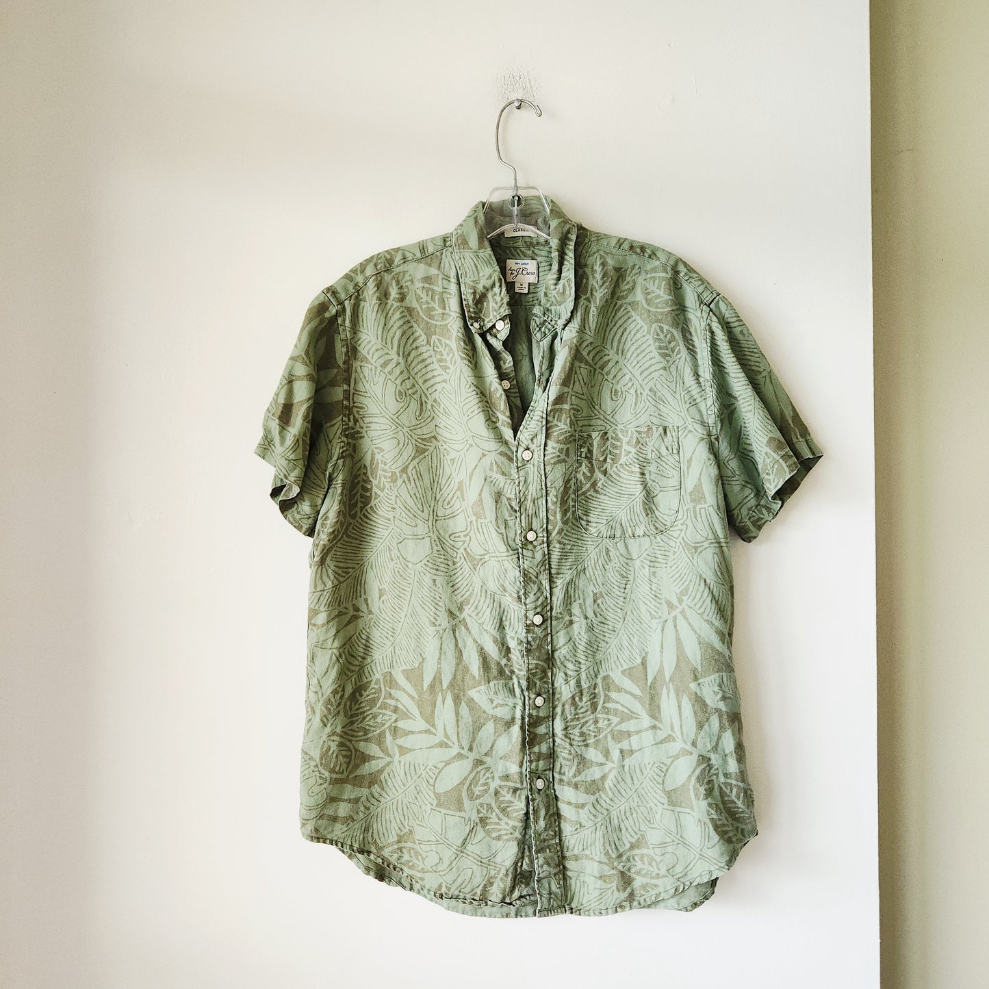 J Crew 100% Linen Palm Frond Motif Button Up Shirt - M