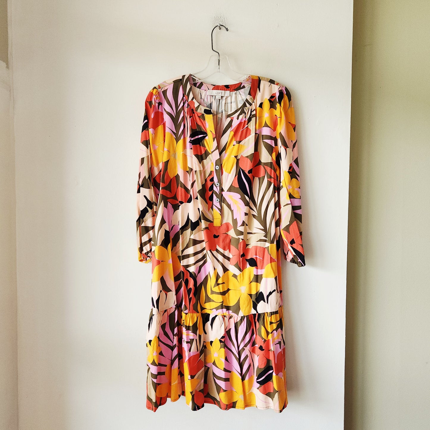 LOFT Leaf Motif Dress with Ruffle Hem - L