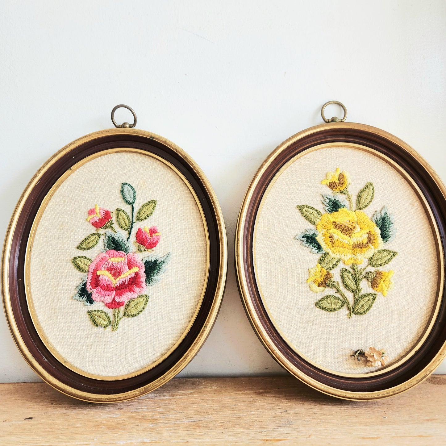 Vintage Needlepoint Oval Framed Roses 12"Long Set of 2