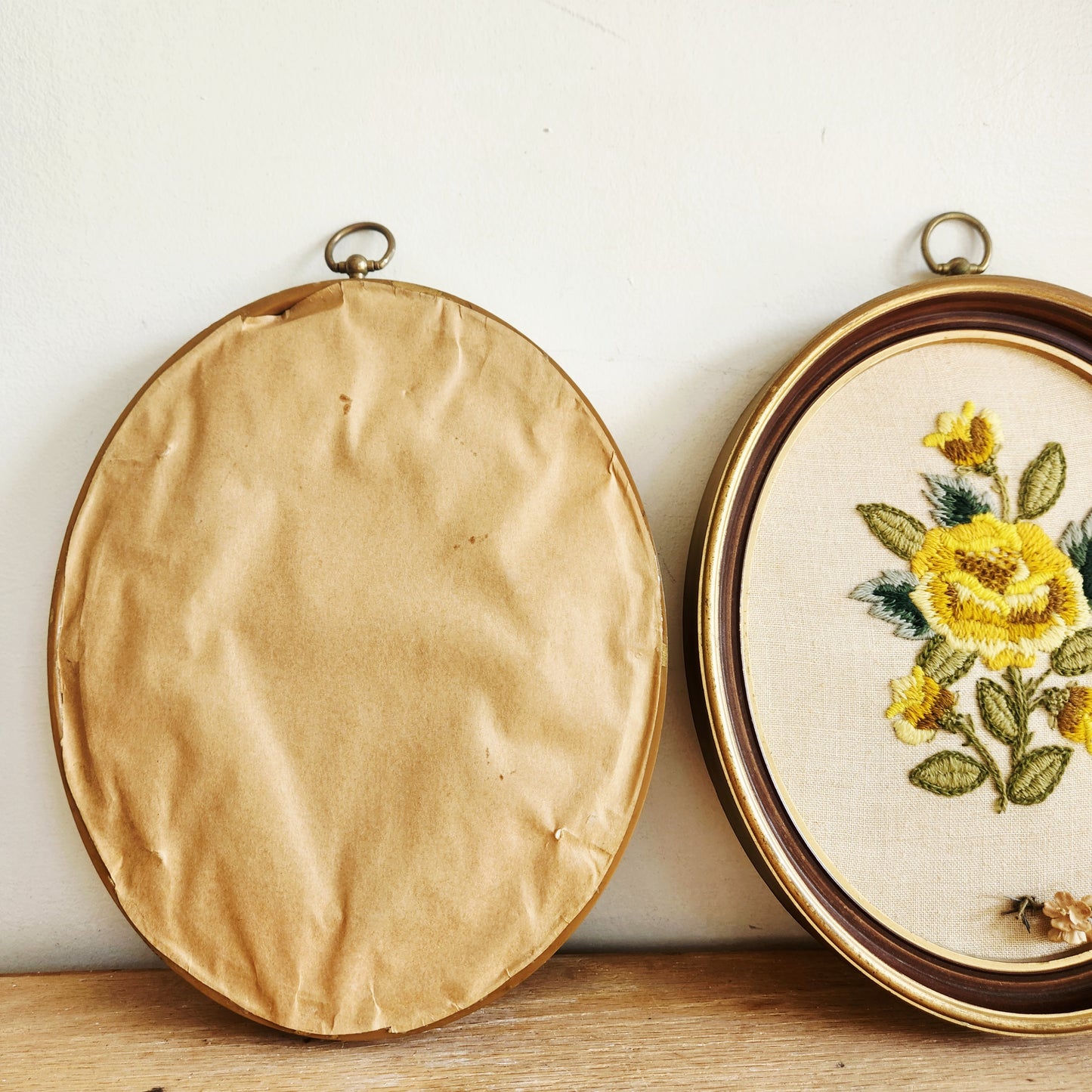 Vintage Needlepoint Oval Framed Roses 12"Long Set of 2