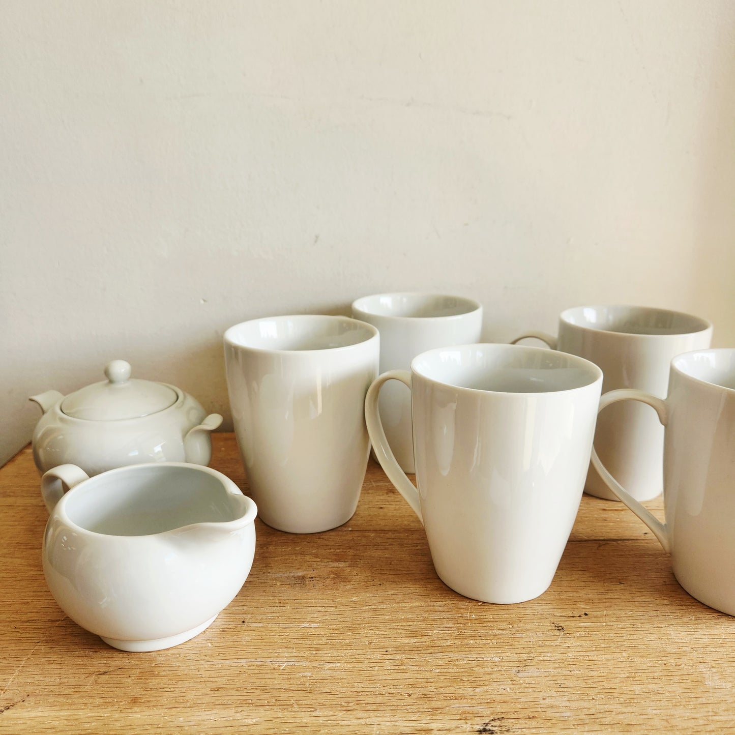 Crate & Barrel Set of 5 Mugs White with Sugar and Creamer