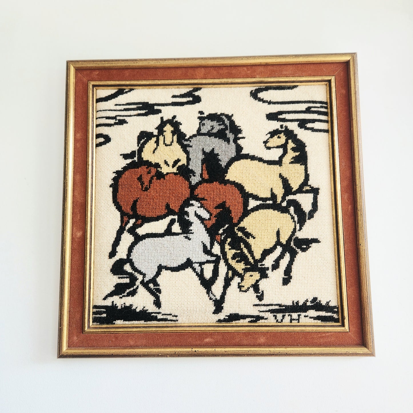 Vintage Needlepoint Horses in Wood Frame 1978 17"