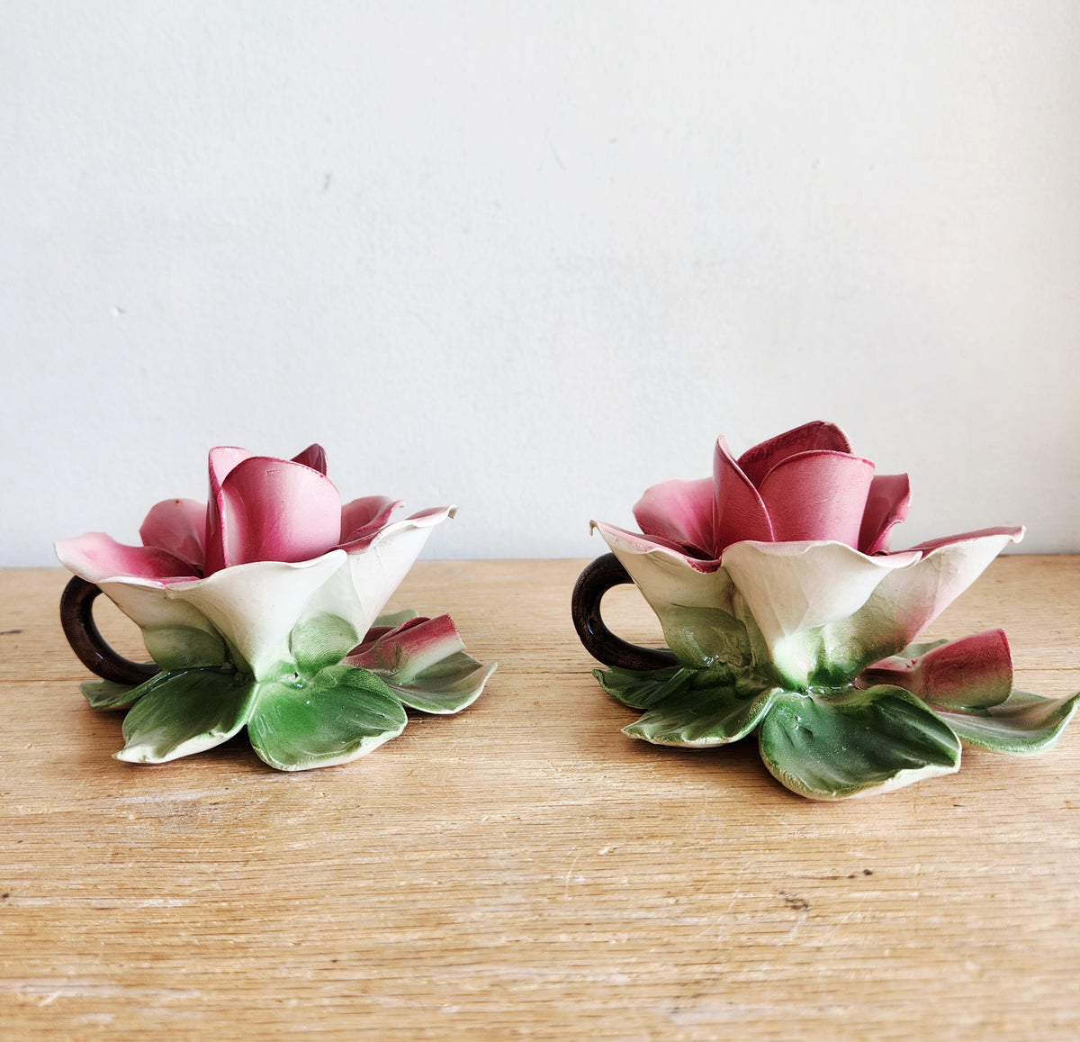 Vintage Capodimonte Bassano Porcelain Ceramic Pink Rose Candle Holder Set of 2