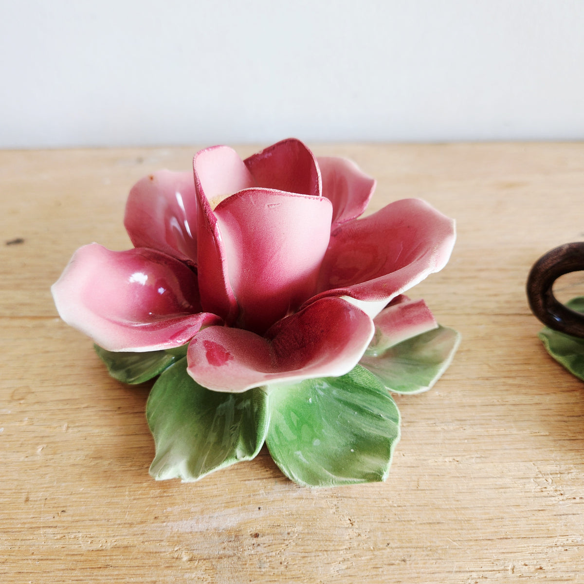 Vintage Capodimonte Bassano Porcelain Ceramic Pink Rose Candle Holder Set of 2