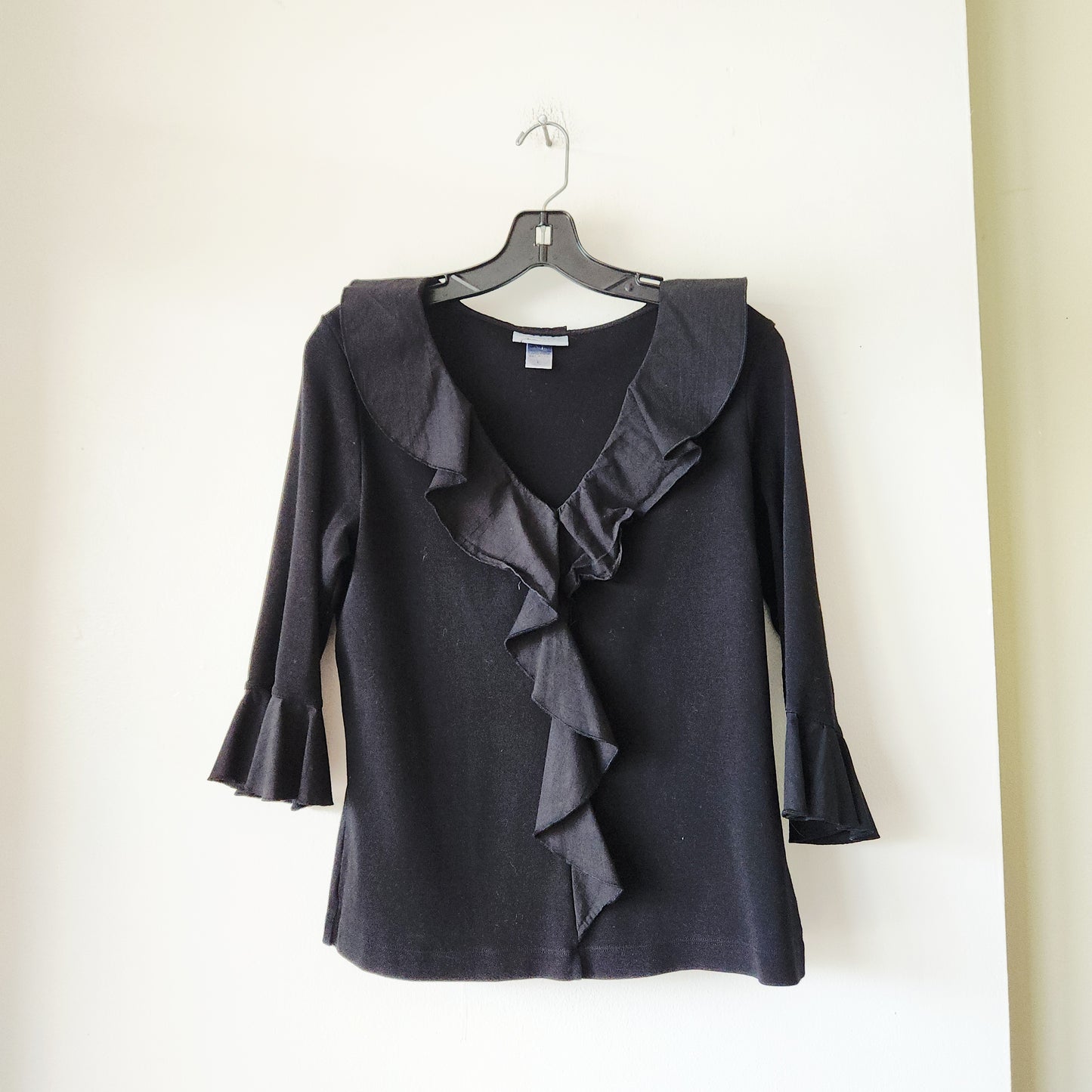 Fibers by Barbara Lesser Black Top with Ruffles - L