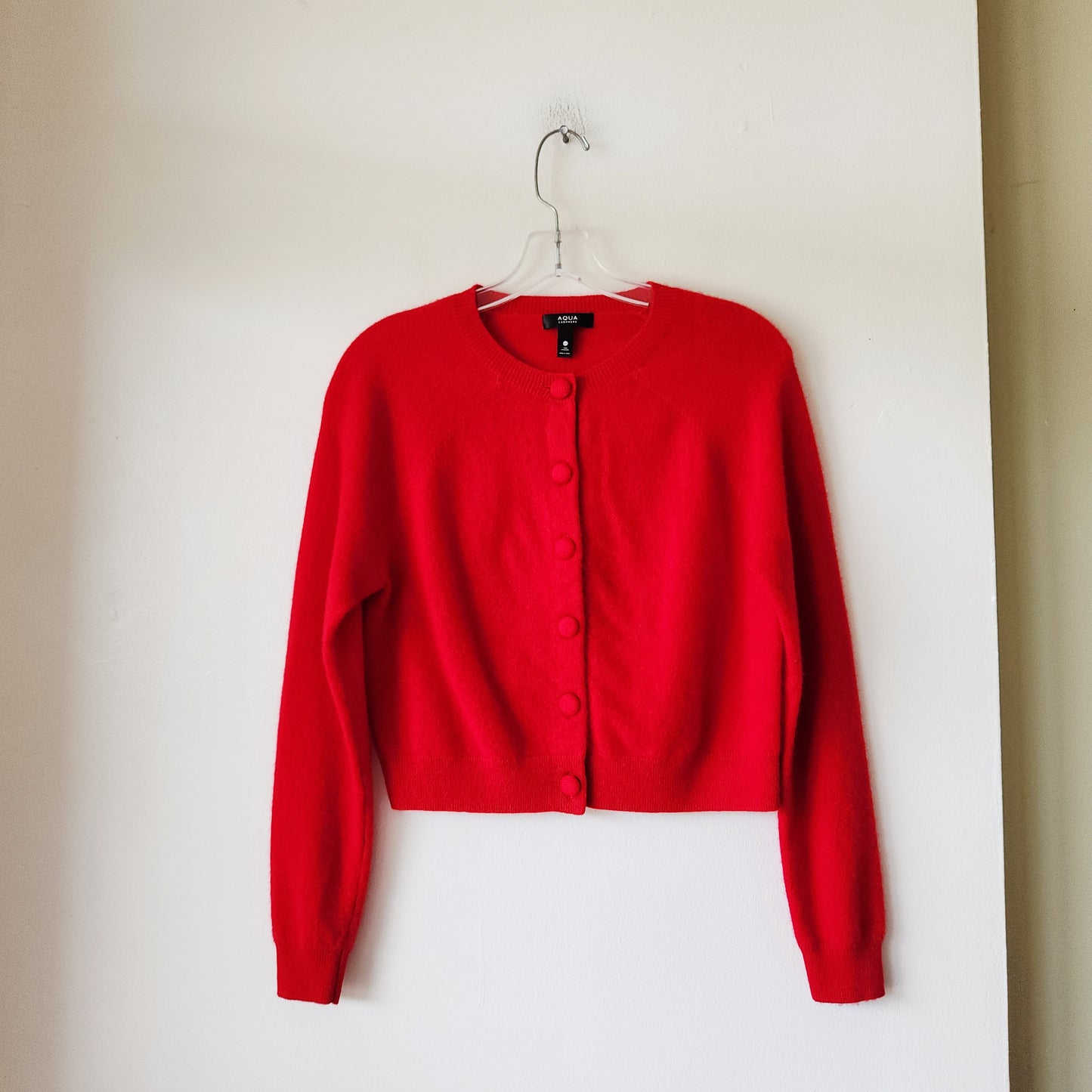 Aqua 100% Cashmere Tomato Red Crop Cardigan - XS