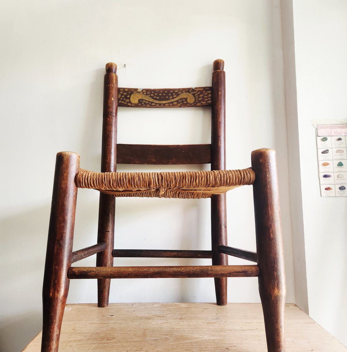 Antique Kids Chair Wood and Woven Stenciled