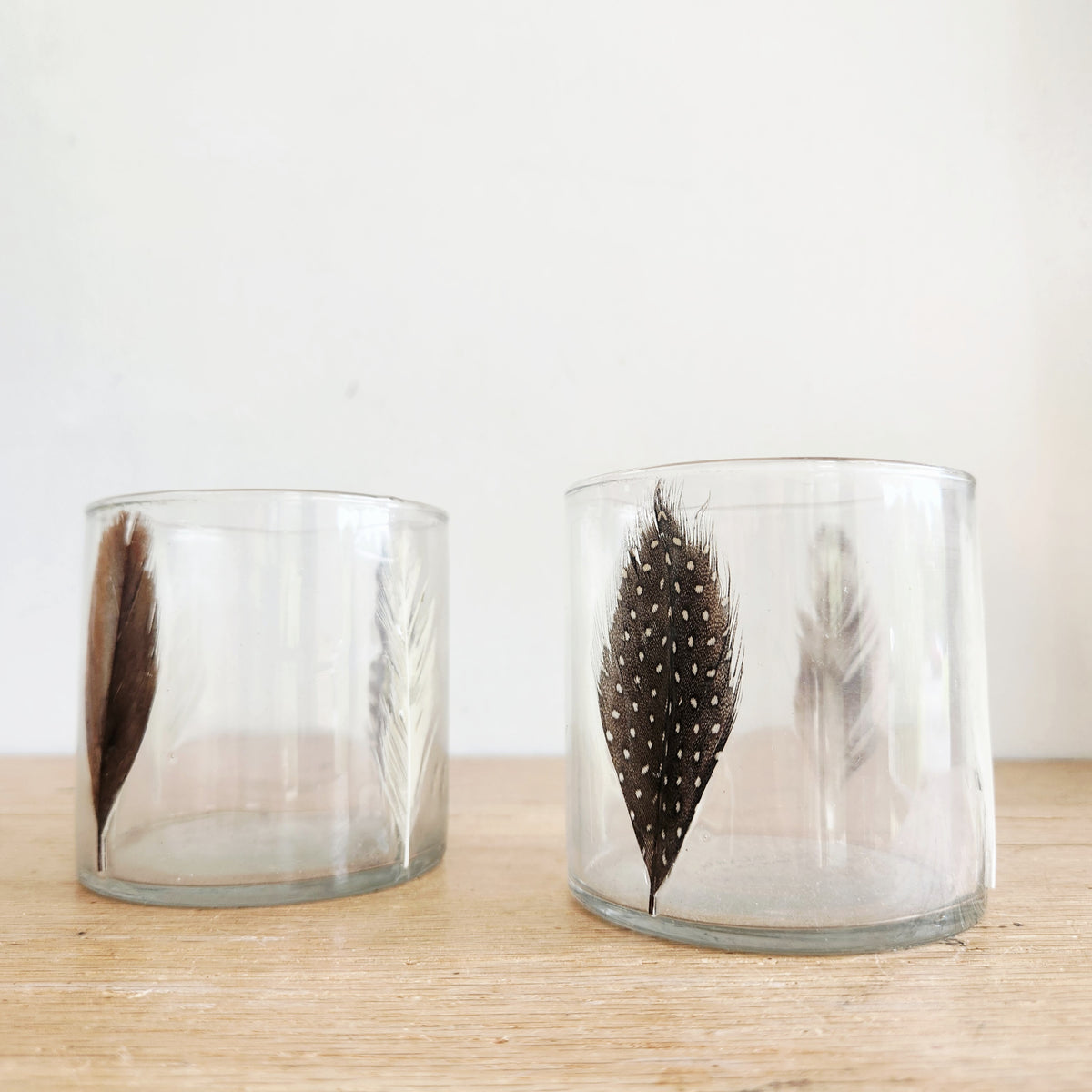 Enameled Feather Hurricane Glass Candle Holders Approx 4" Set of 2 NEW