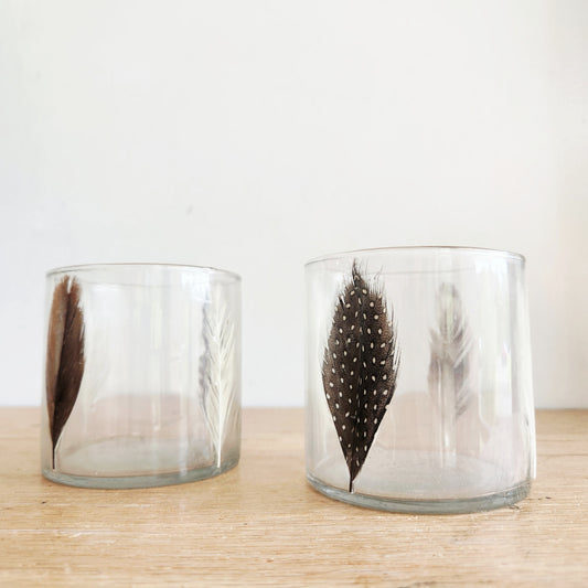Enameled Feather Hurricane Glass Candle Holders Approx 4" Set of 2 NEW