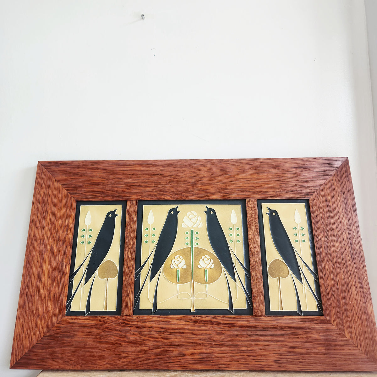 Motawi Songbirds in Golden Ceramic Tiles on Wood 11" x 16"