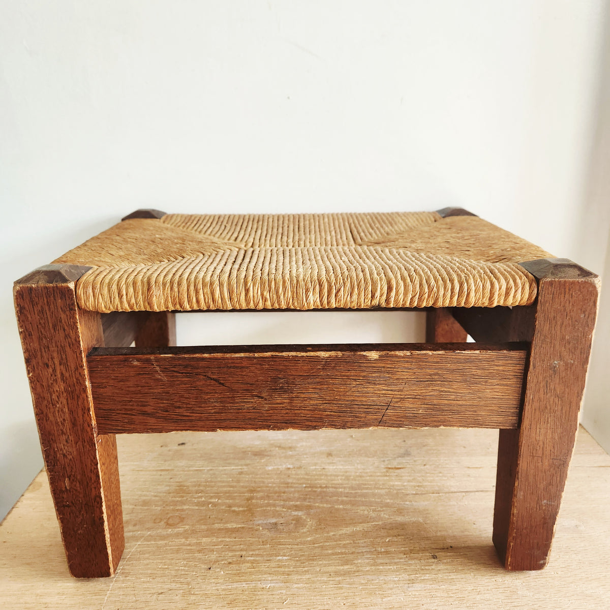 Antique Handmade Rush Footstool 9"H 13"W