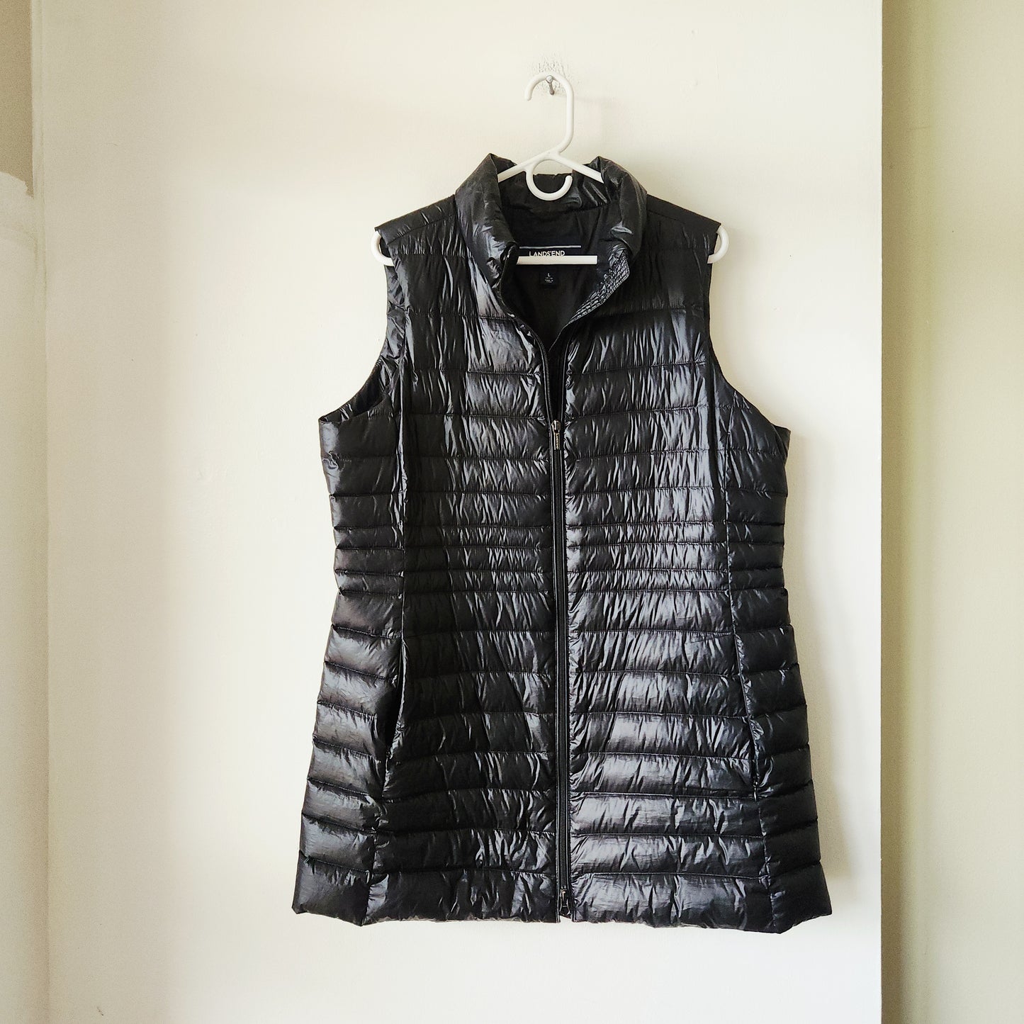 Lands' End Down Fill Long Length Black Slim Puffer Vest - L