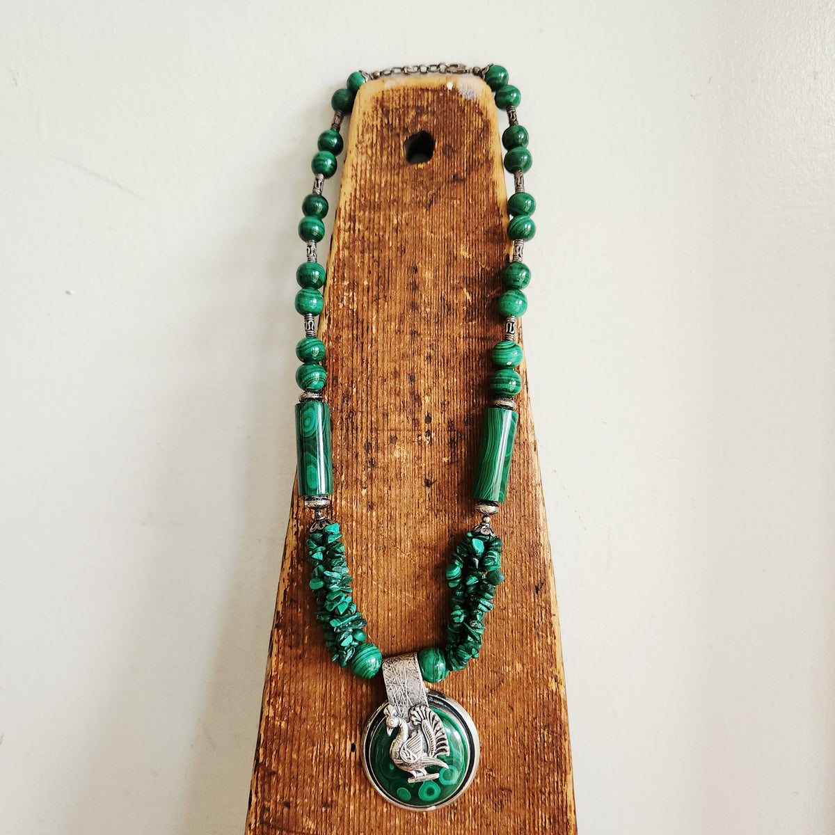 Vintage Sterling Silver & Malachite Necklace with Rooster Motif