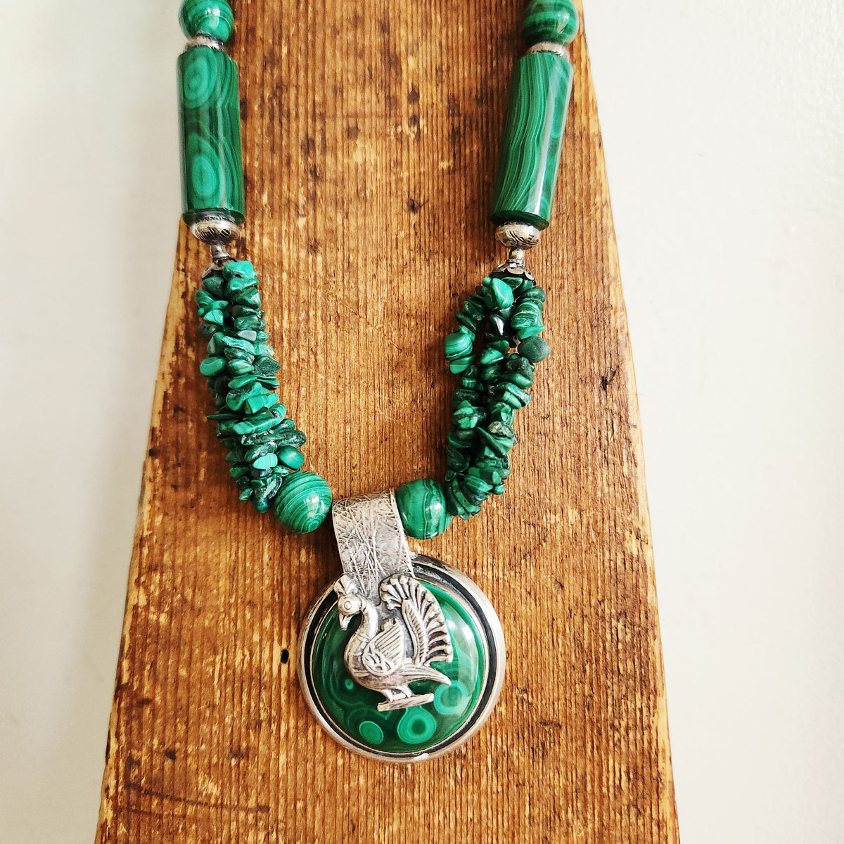 Vintage Sterling Silver & Malachite Necklace with Rooster Motif