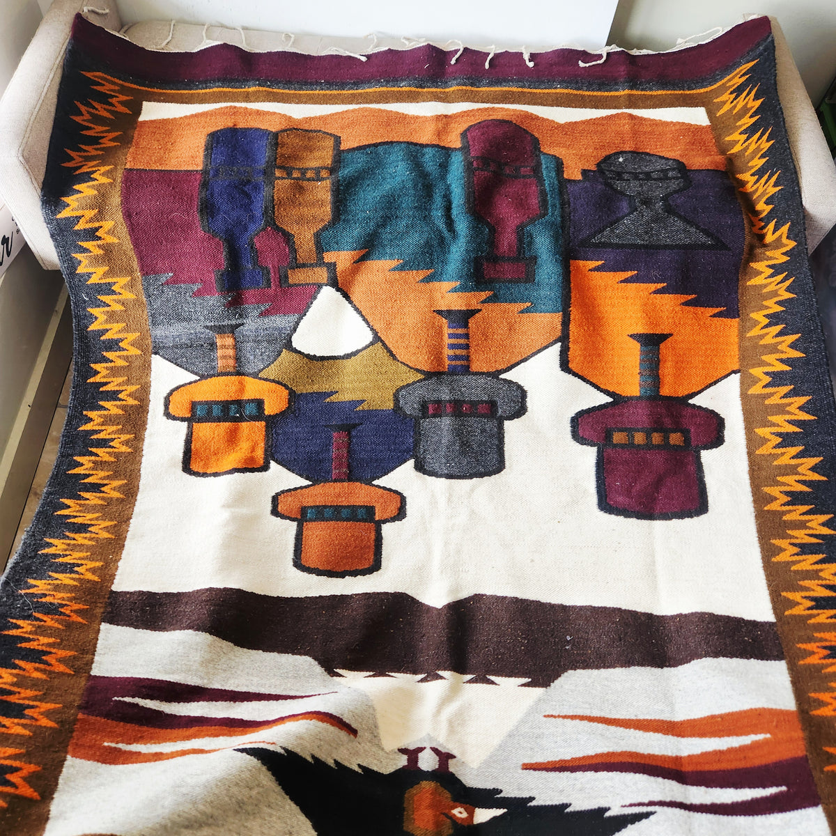 Vintage Wool Handwoven Tapestry Rug Folk Art 50" x 62"