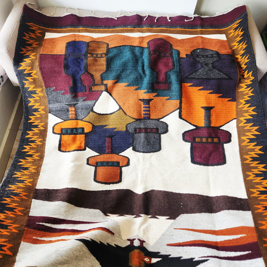 Vintage Wool Handwoven Tapestry Rug Folk Art 50" x 62"
