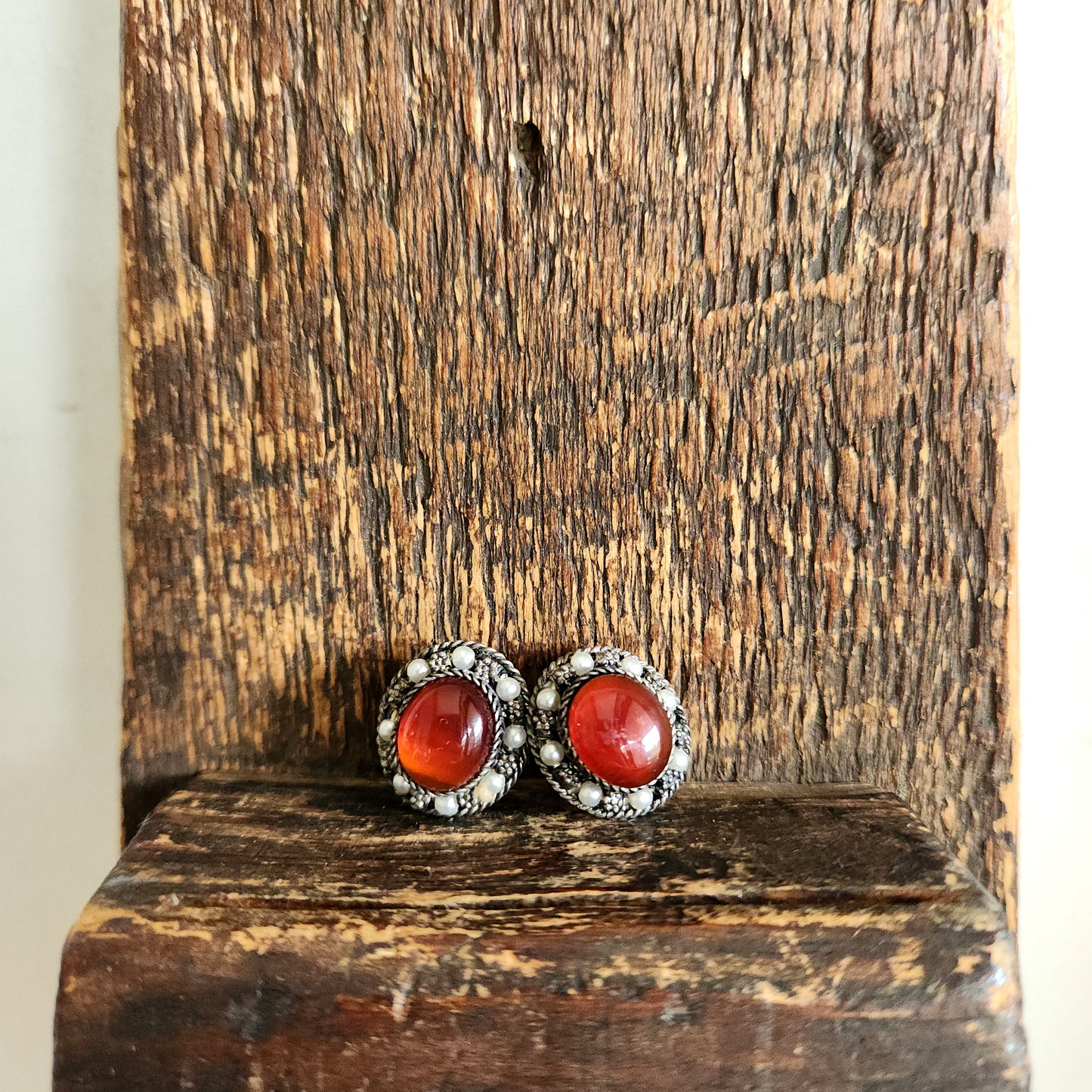 Sterling Silver Cabachon Clip On Earrings - signed