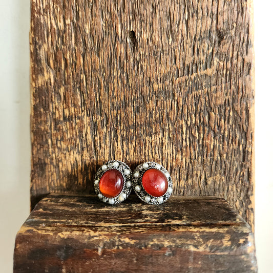 Sterling Silver Cabachon Clip On Earrings - signed