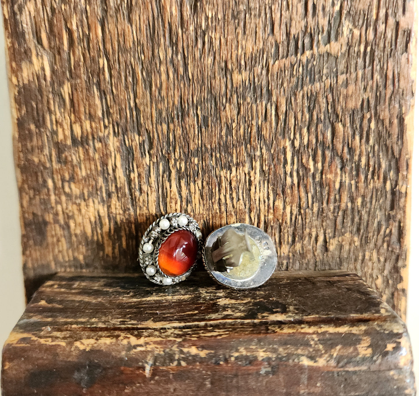 Sterling Silver Cabachon Clip On Earrings - signed