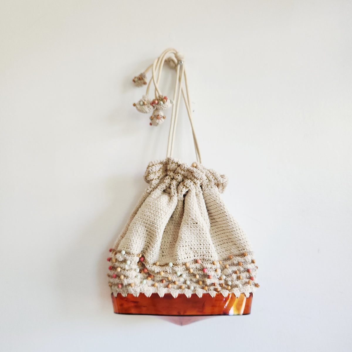 Vintage Crochet Drawstring Purse with Beads