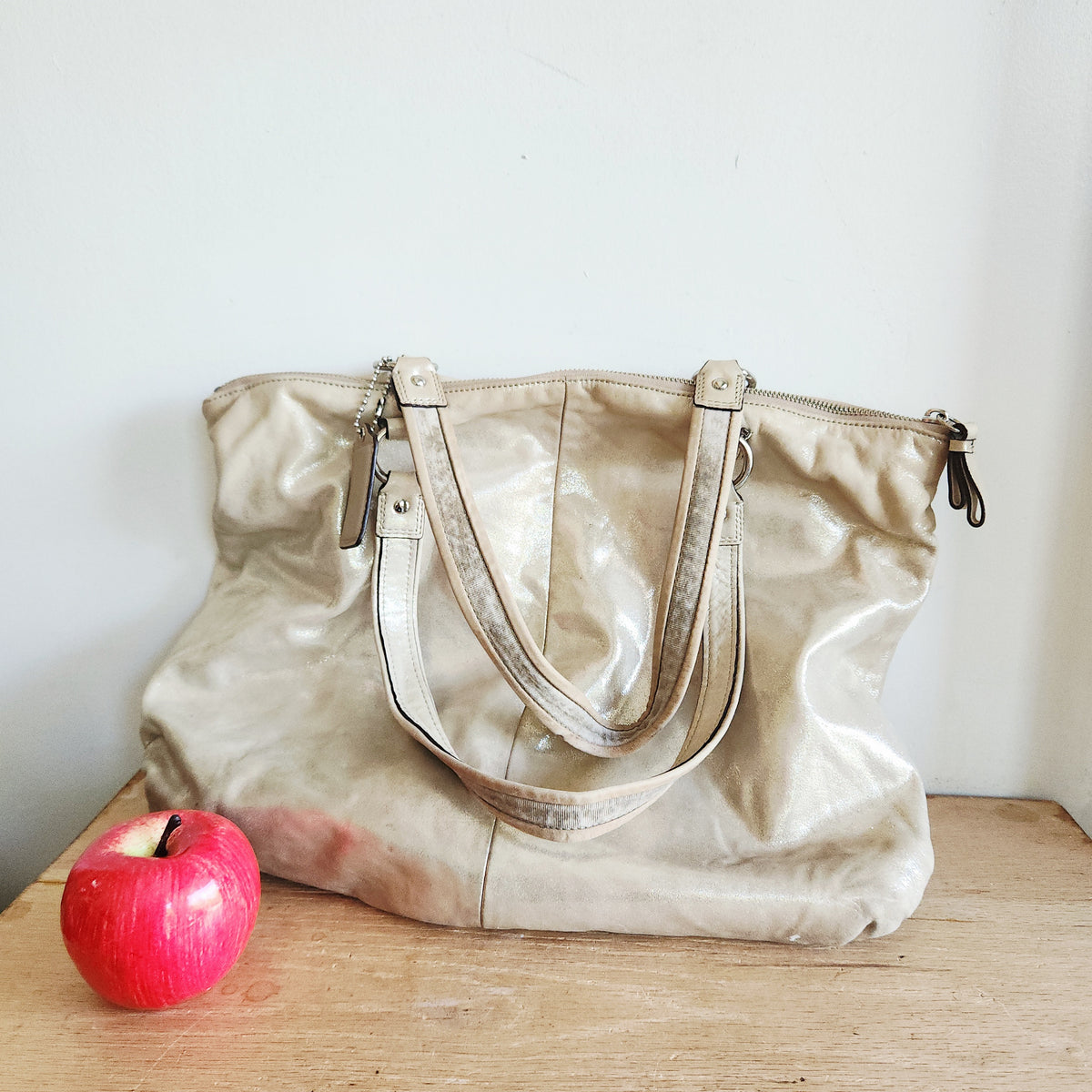 Coach Poppy Champagne Metallic Zip Top Purse