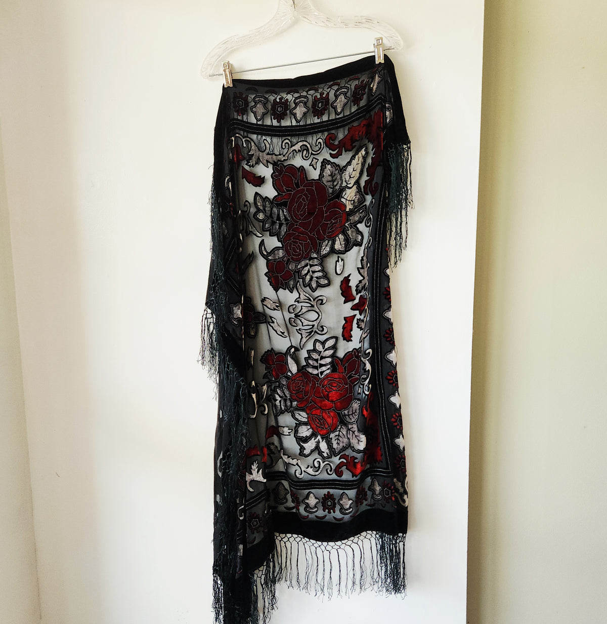 Large Velvet Burnout Shawl with Fringe