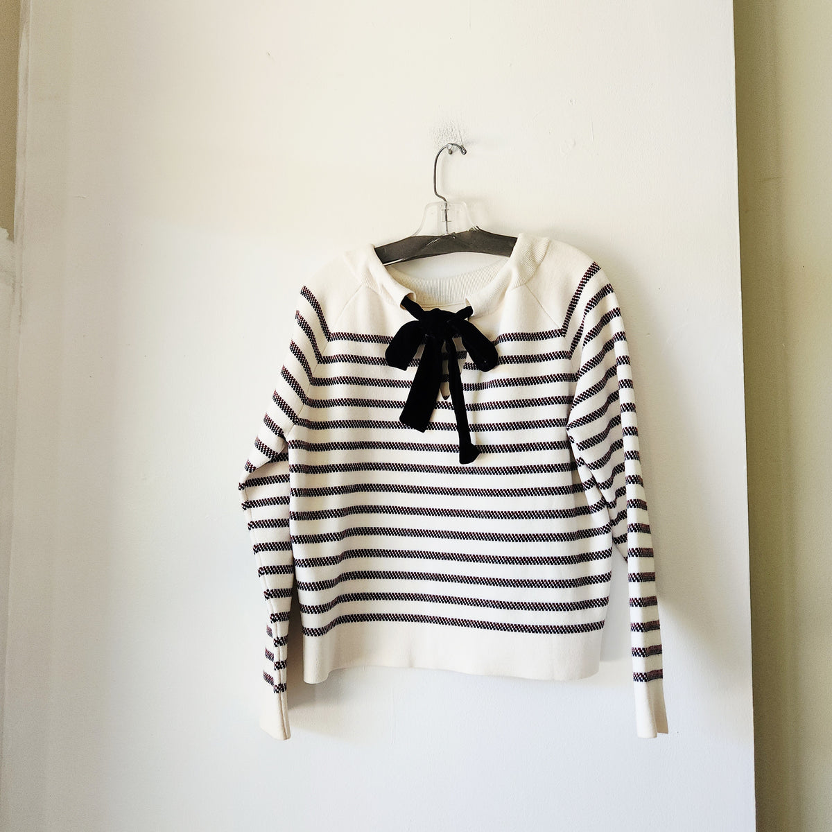 Maje Striped Sweater with Velvet Bow Detail - L - as is
