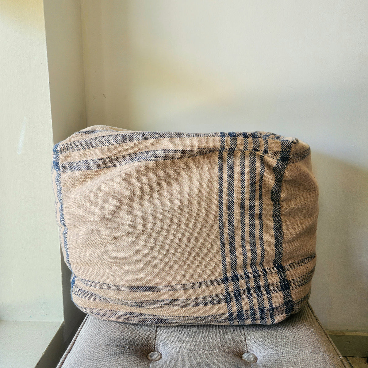 Cotton Canvas Pouf with Dark Blue Strikes