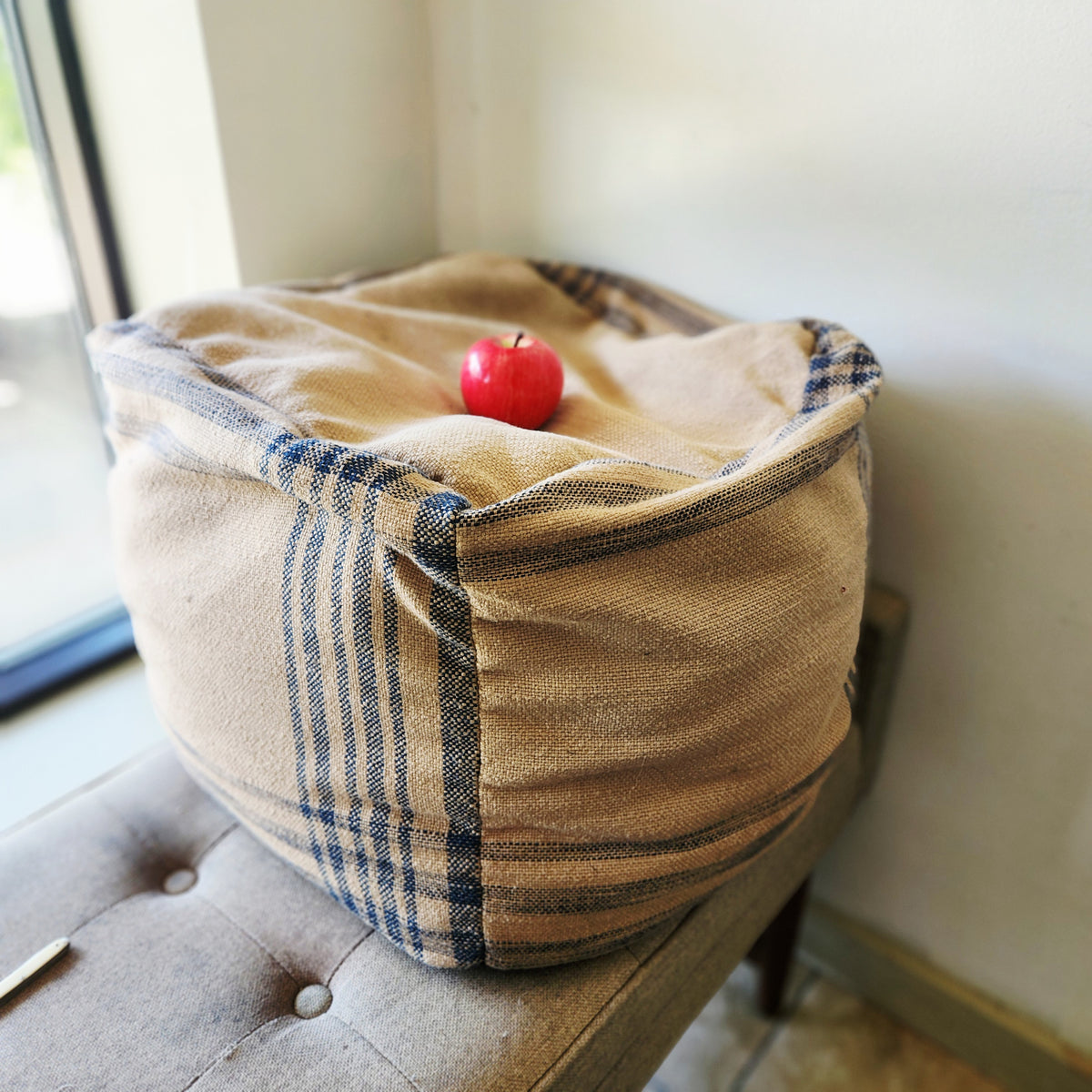 Cotton Canvas Pouf with Dark Blue Strikes