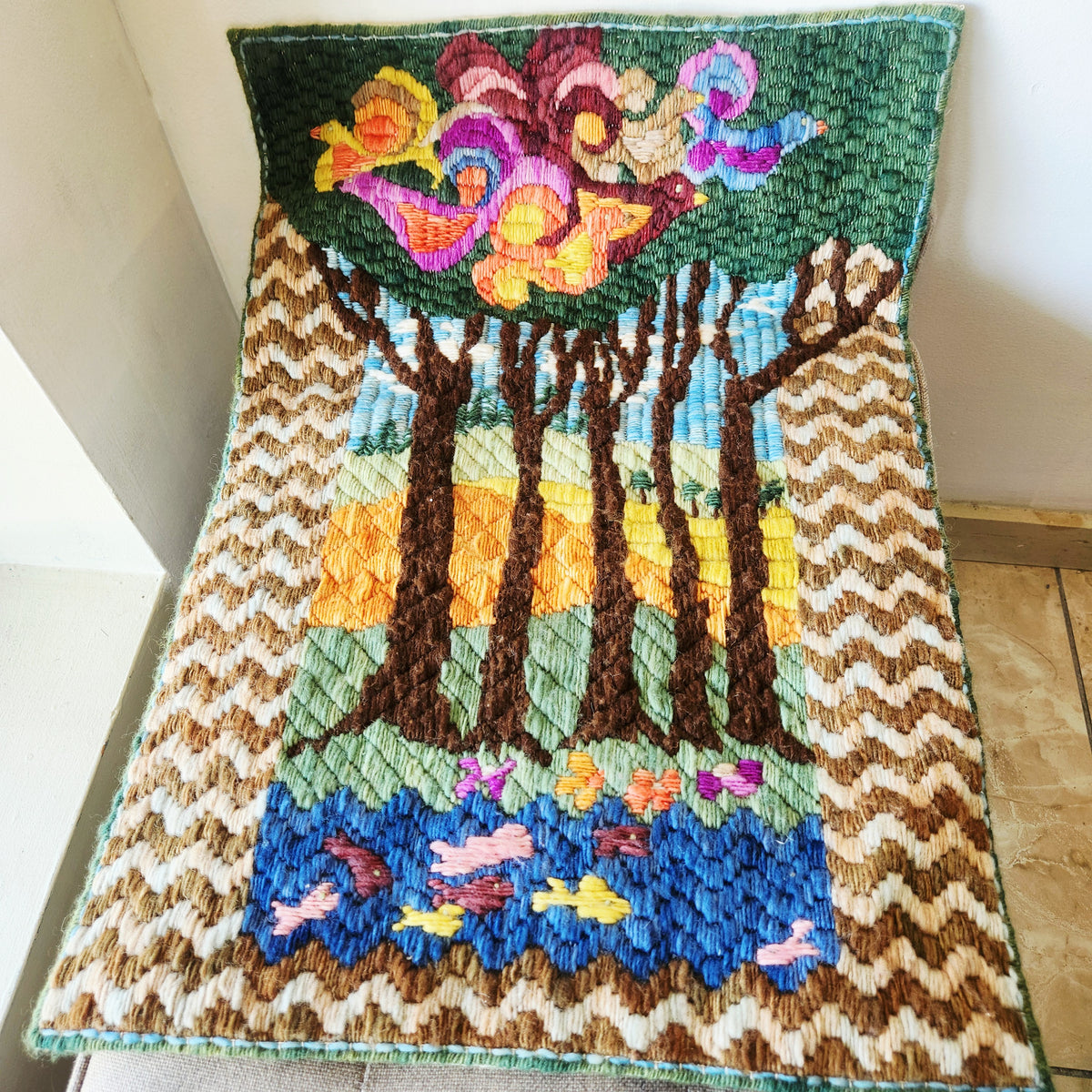 Vintage Bargello Needlework Stitched Wall Hanging 14" x 22"