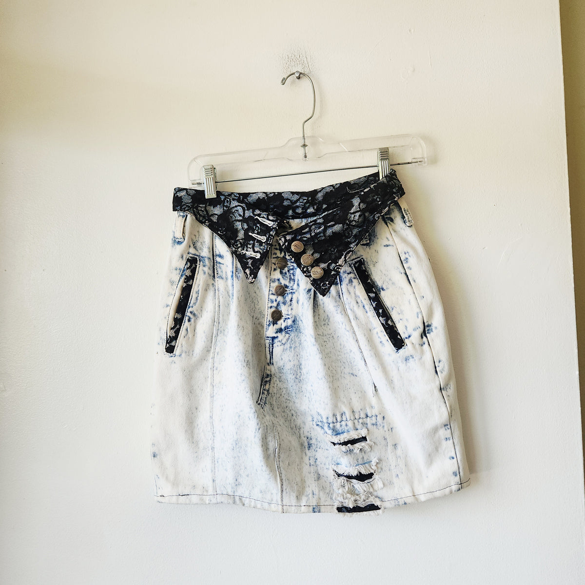 Vintage 80s Stefano Stone Washed Miniskirt with Lace - approx XS