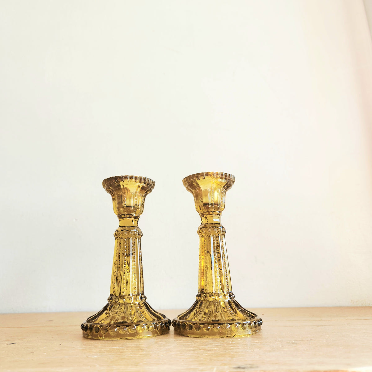 Vintage Amber Pressed Glass Candle Stick Holders Set of 2
