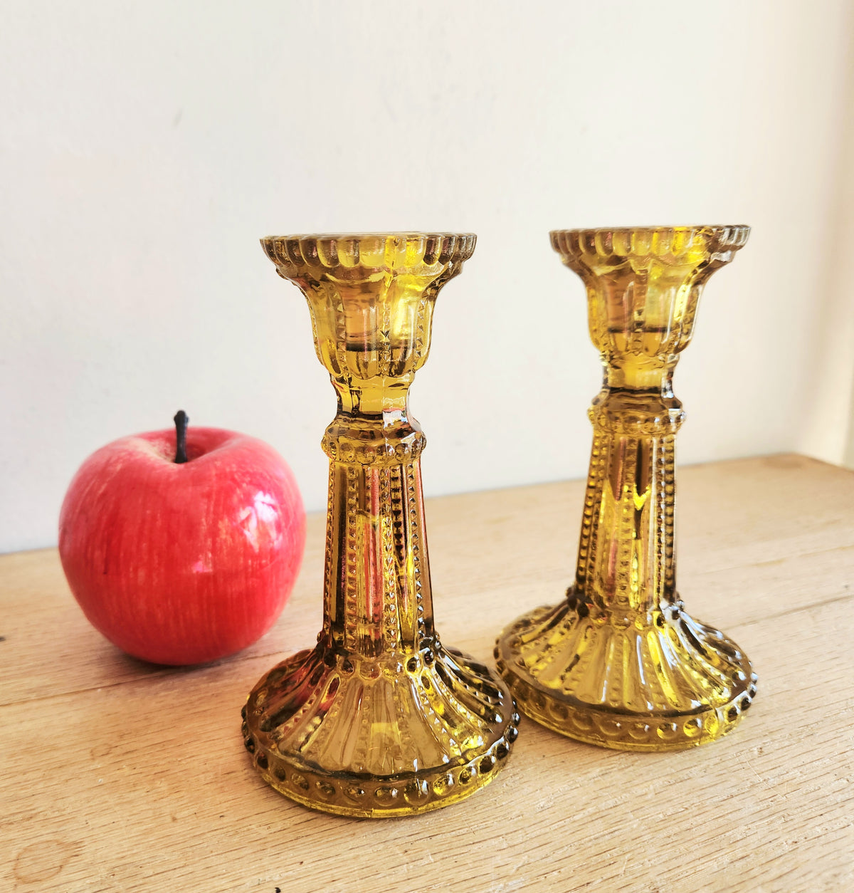 Vintage Amber Pressed Glass Candle Stick Holders Set of 2