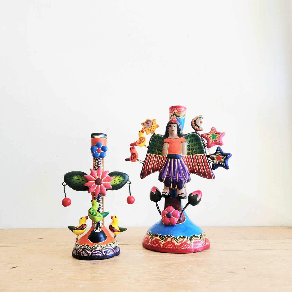 Mexican Folk Art Handpainted Tree of Life Candle Holders