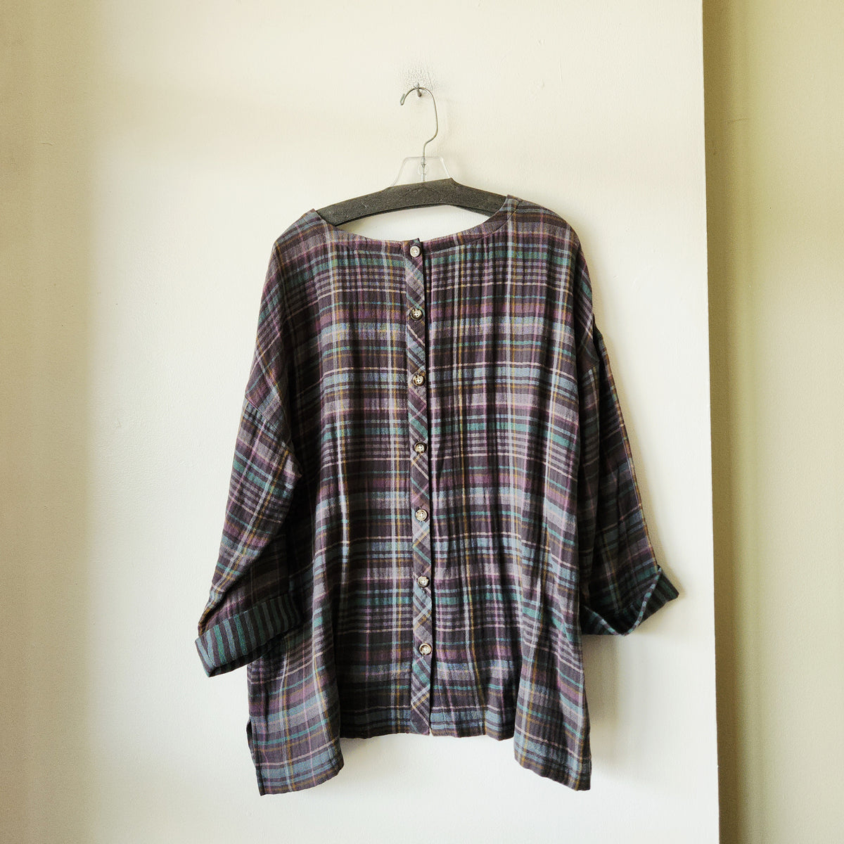 J Jill 100% Cotton Plaid Top with Back Buttons - XL