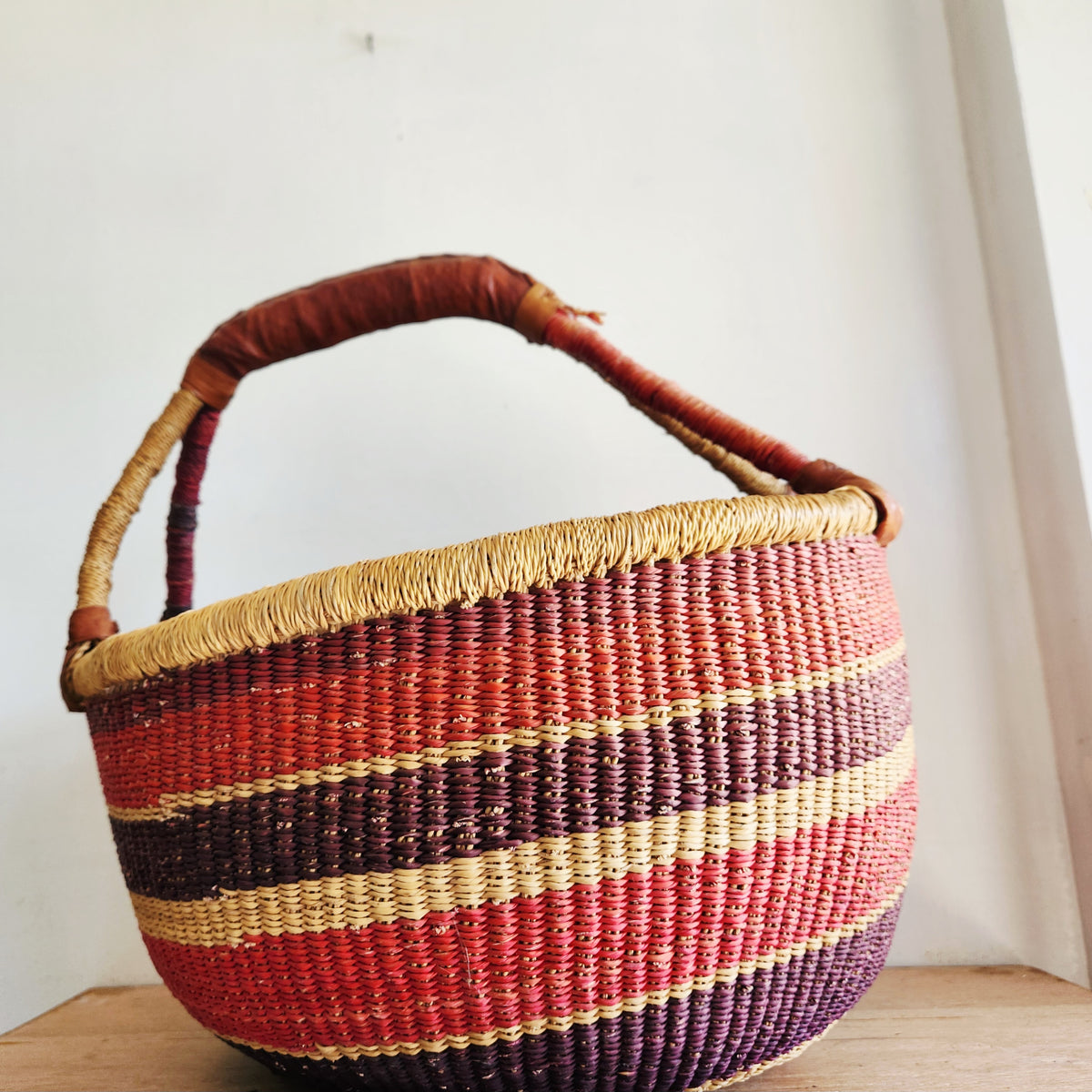 Handwoven Bolga Market Large Size Leather Handle