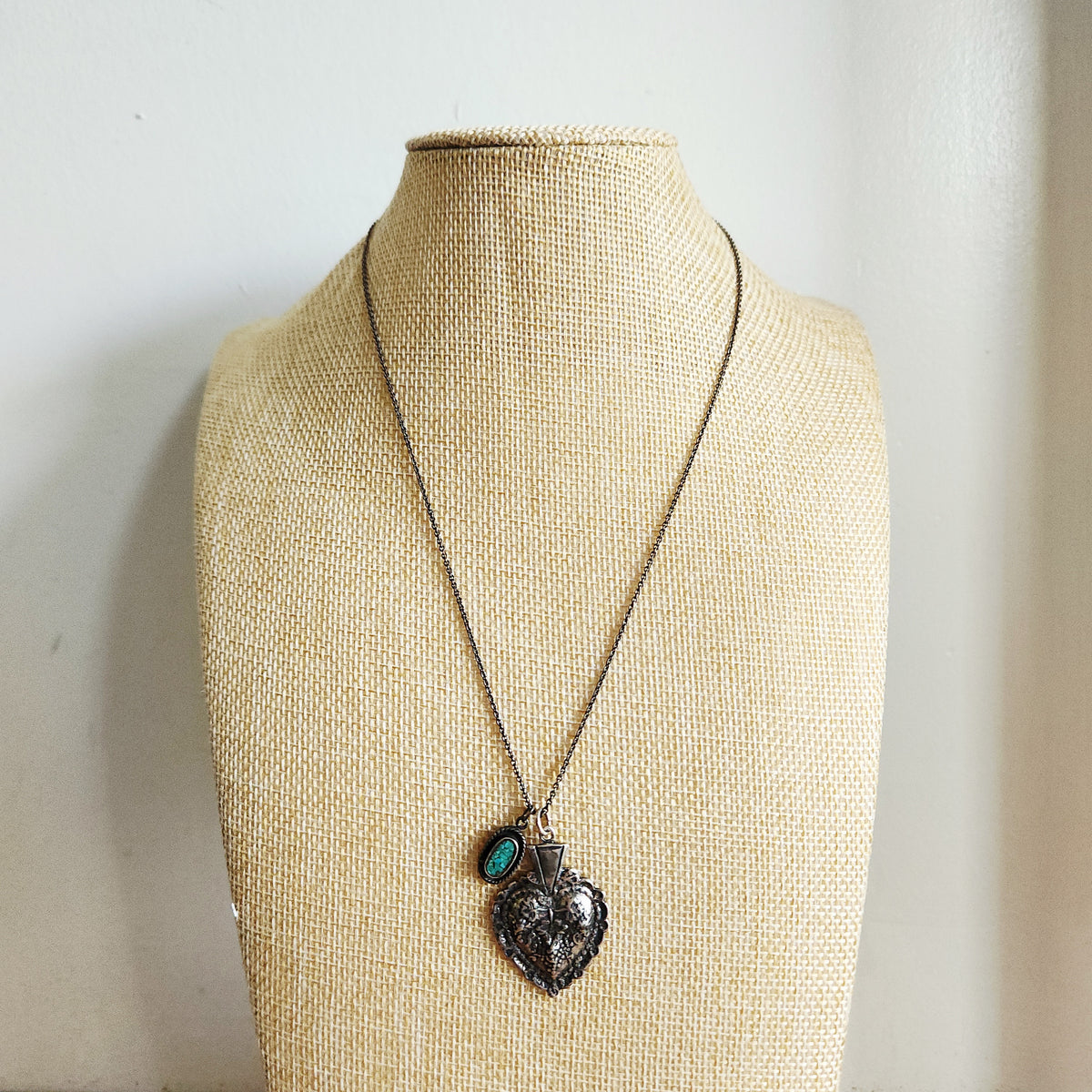 Sterling Silver Chain with Heart Pendant & Inlay Accent Charm