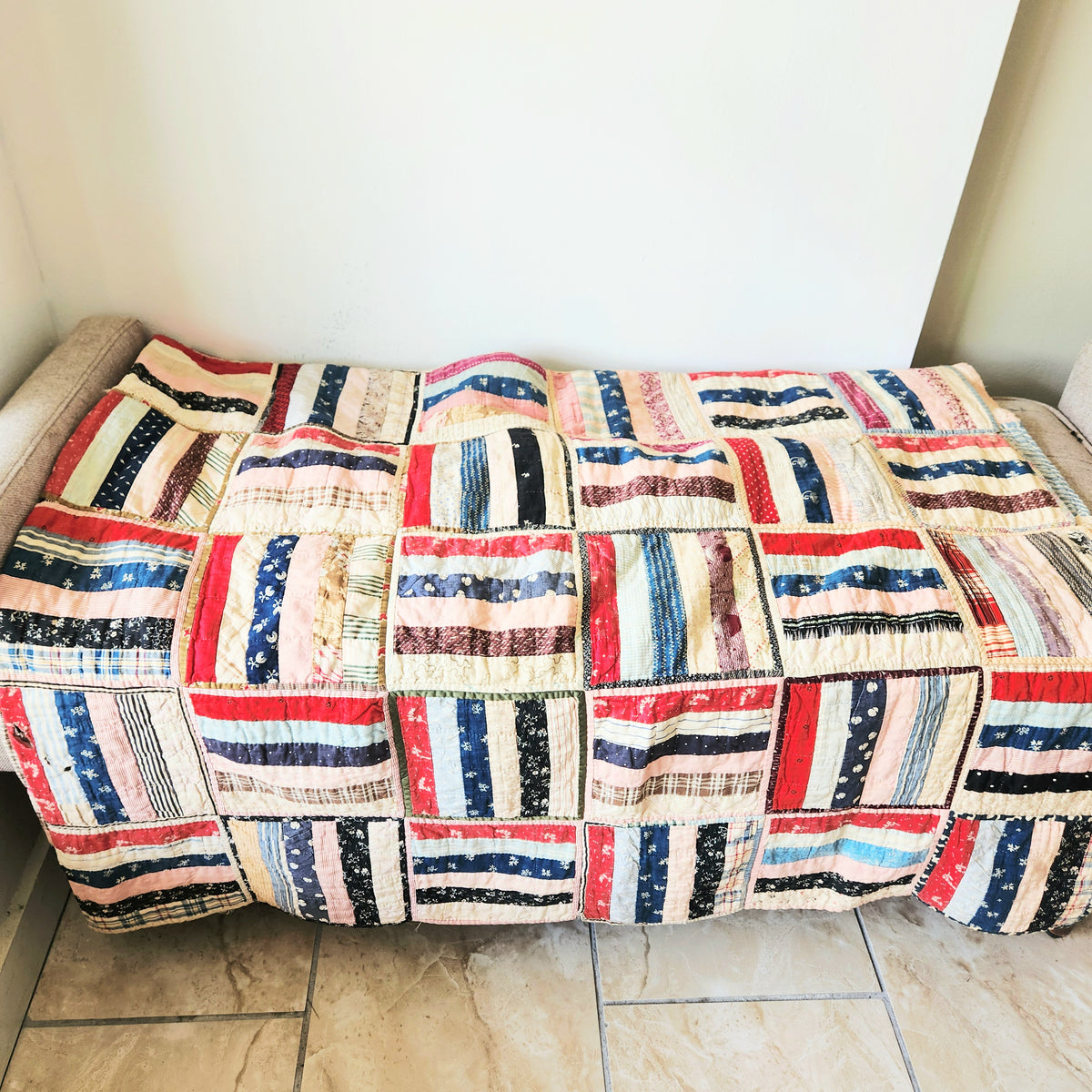 Antique Handmade Blocked Pattern Striped Quilt As is
