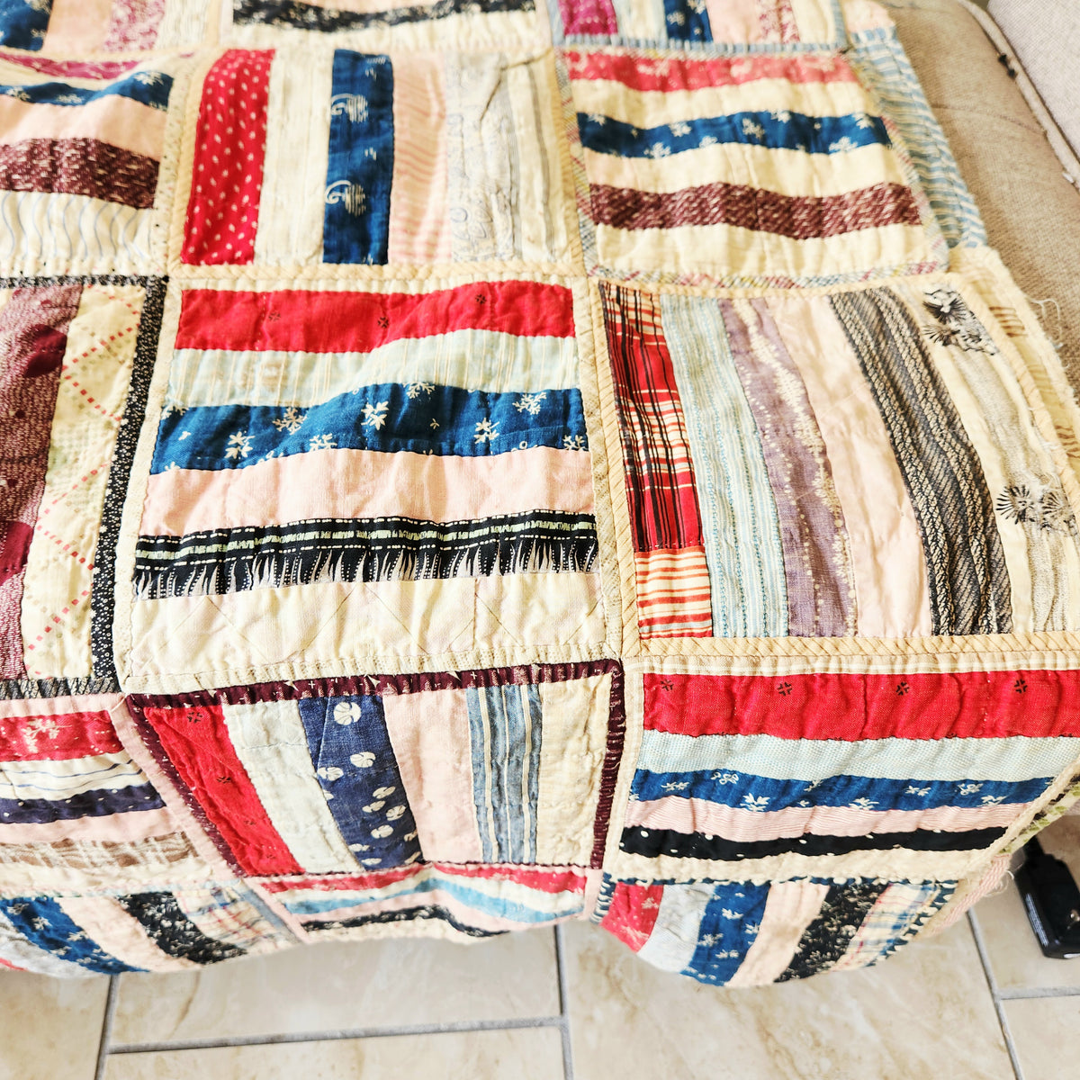 Antique Handmade Blocked Pattern Striped Quilt As is