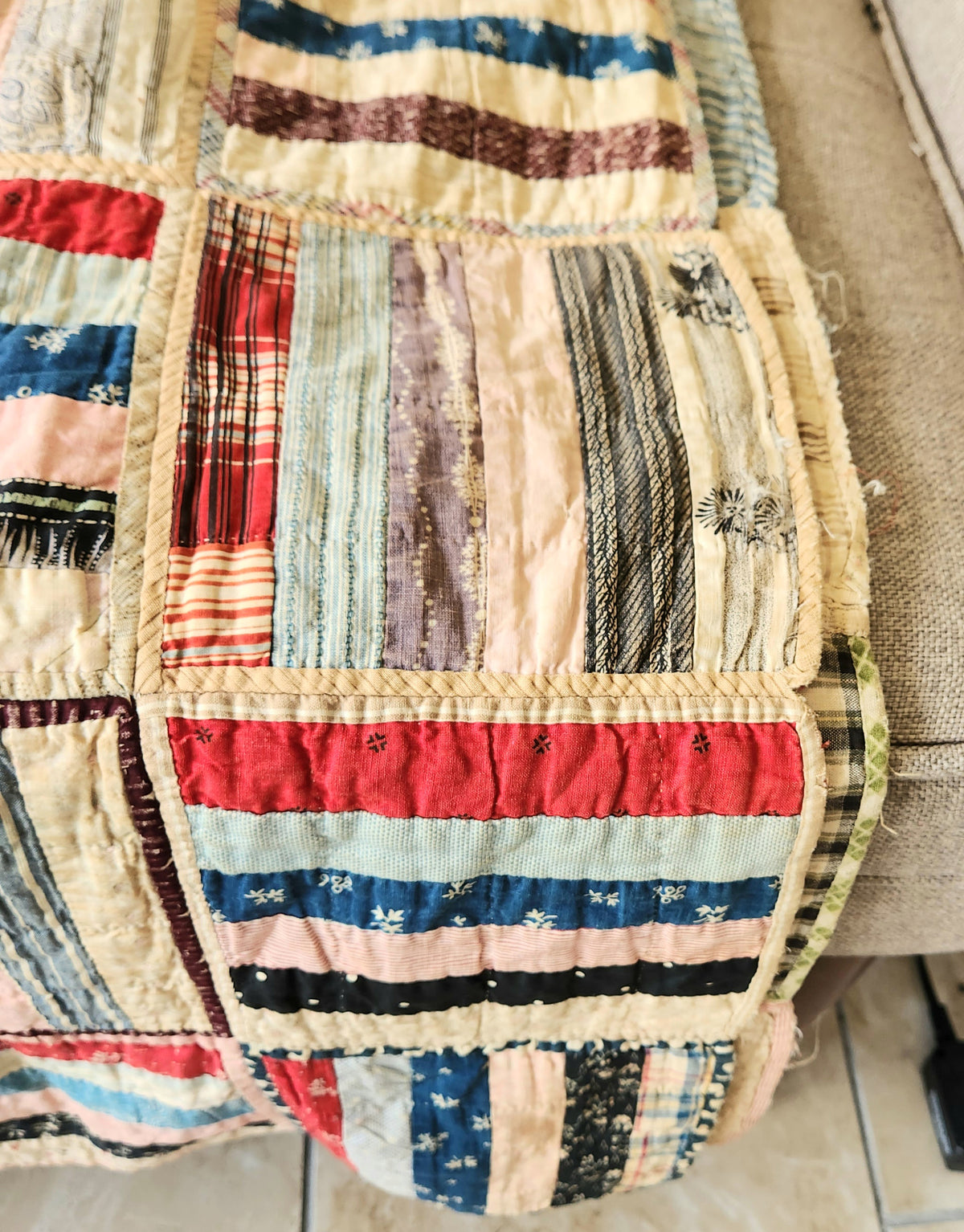 Antique Handmade Blocked Pattern Striped Quilt As is