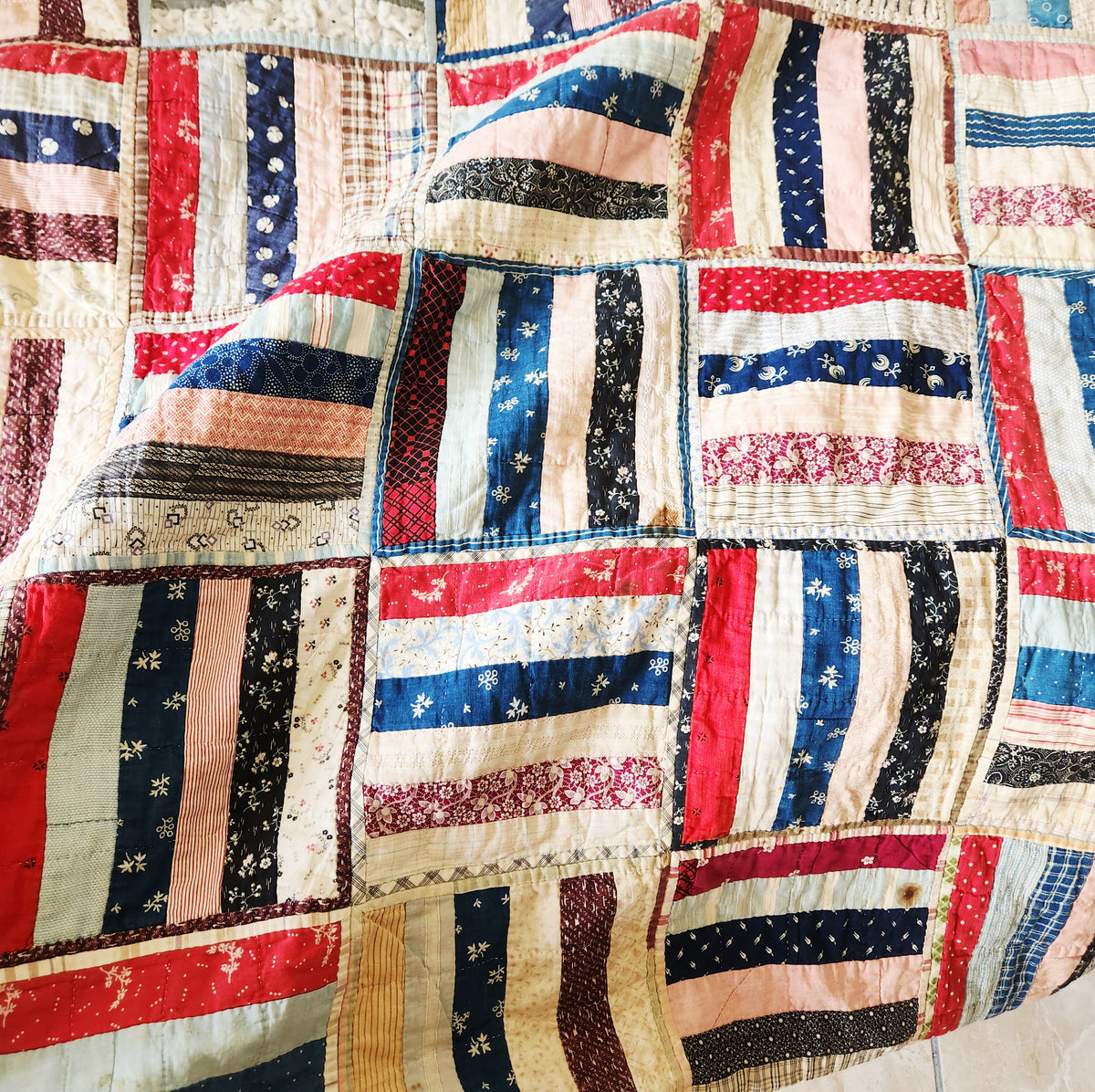 Antique Handmade Blocked Pattern Striped Quilt As is