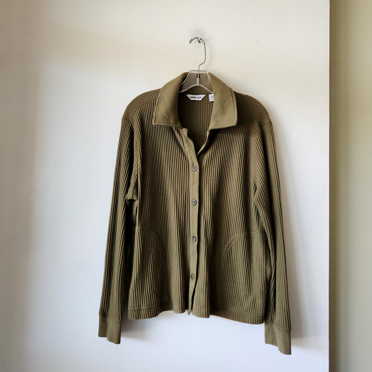 Lands' End Olive Green Waffle Button Up Shirt - M