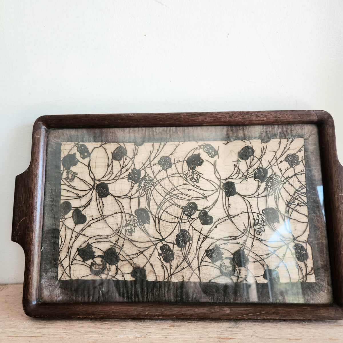 Antique Wooden Silhouette Cut Paper Glass Tray
