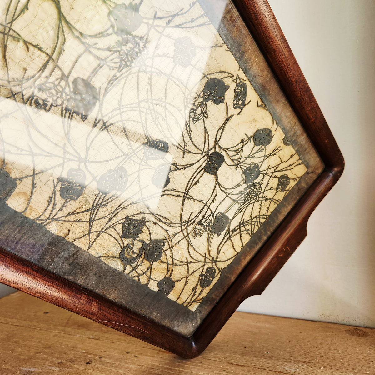 Antique Wooden Silhouette Cut Paper Glass Tray