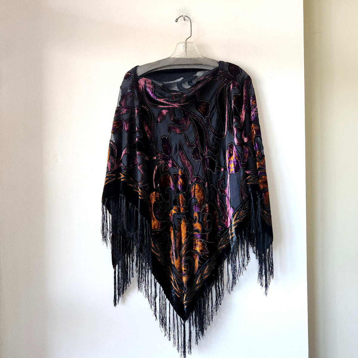 Velvet Burnout Poncho Top with Fringe - One Size